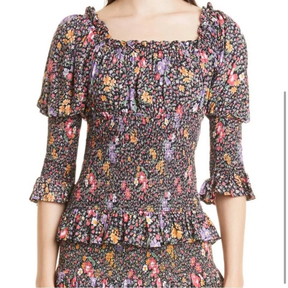 ByTiMo Tuckernuck Small Smocked 3/4 Sleeve Blouse Bright Field Dark Florals - Picture 2 of 10